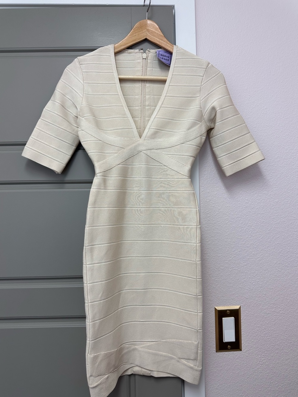 Herve Leger Ivory Bandage V-Neck Dress NWT